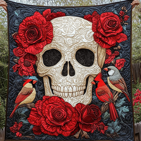 Artistic Skull Quilted Blanket - Design 6 quilted 3-piece bedding set on a made bed against a dark styled interior