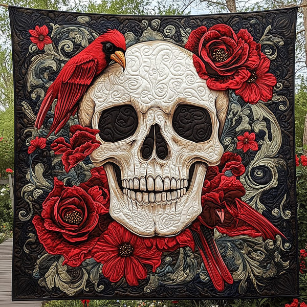 Artistic Skull Quilted Blanket - Design 7 quilted 3-piece bedding set on a made bed against a dark styled interior