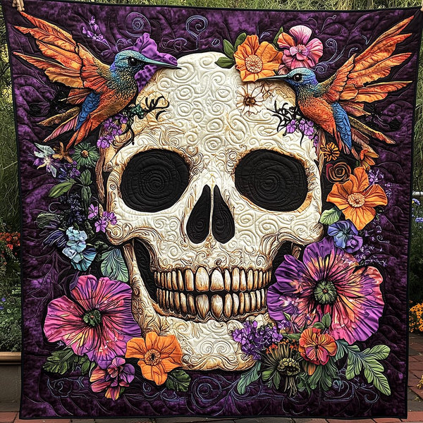 Artistic Skull Quilted Blanket - Design 8 quilted 3-piece bedding set on a made bed against a dark styled interior