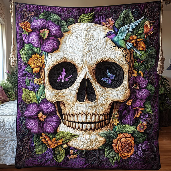 Artistic Skull Quilted Blanket - Design 9 quilted 3-piece bedding set on a made bed against a dark styled interior