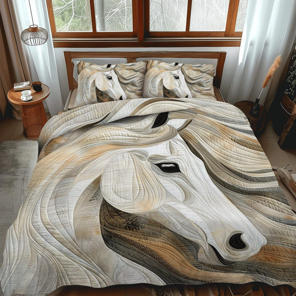 Artistic White Horse quilted 3-piece bedding set on a made bed in a rustic timber bedroom