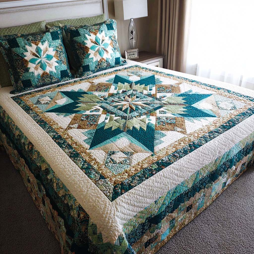 Artistry Starfall quilted 3-piece bedding set on a made bed with two matching pillow shams