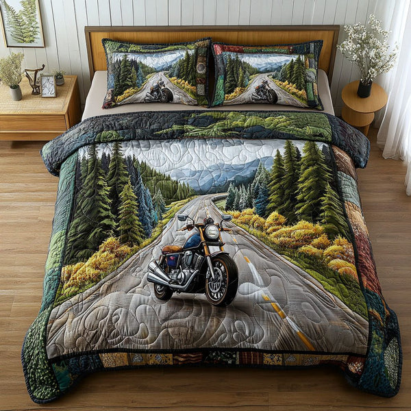 Asphalt Adventures quilted 3-piece bedding set on a made bed in a winter-styled bedroom