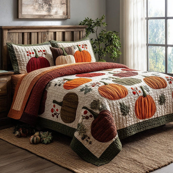 Assorted Pumpkin Orchard quilted 3-piece bedding set on a made bed against a dark styled interior