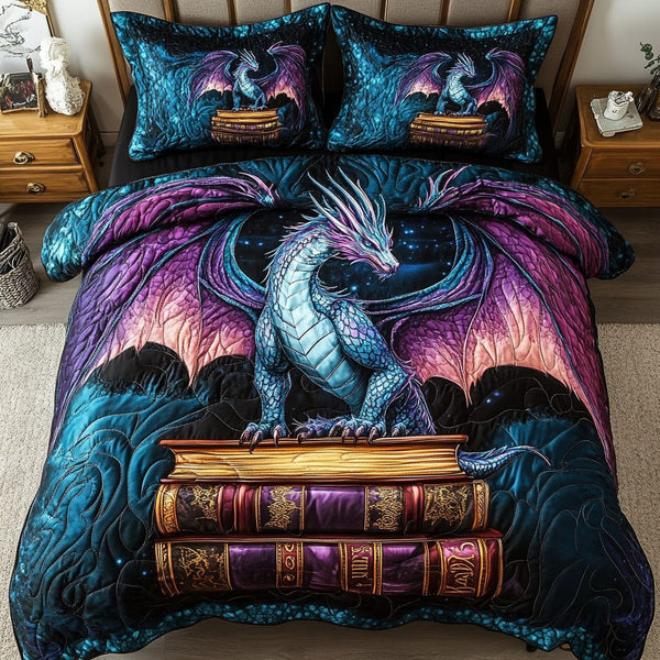 Astral Knowledge Keeper quilted 3-piece bedding set on a made bed with two matching pillow shams