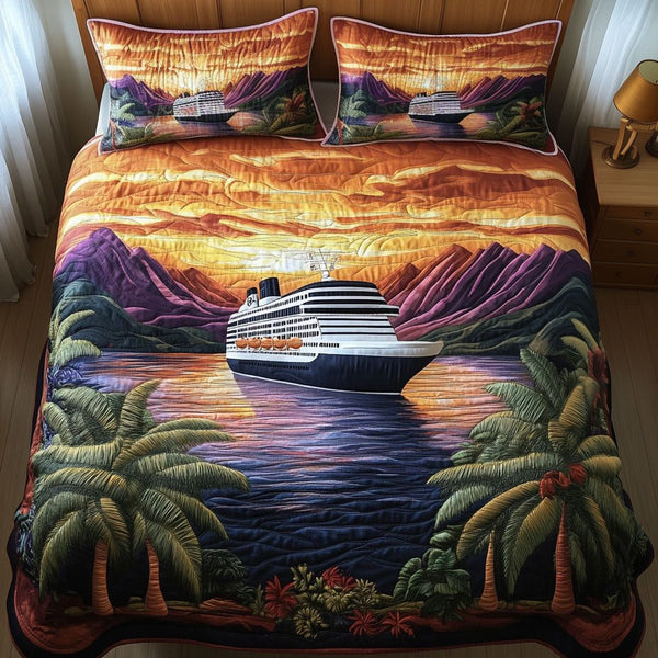 Atlantic Expedition quilted 3-piece bedding set on a made bed with two matching pillow shams