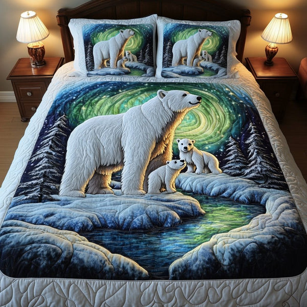 Aurora Bears quilted 3-piece bedding set on a made bed with two matching pillow shams