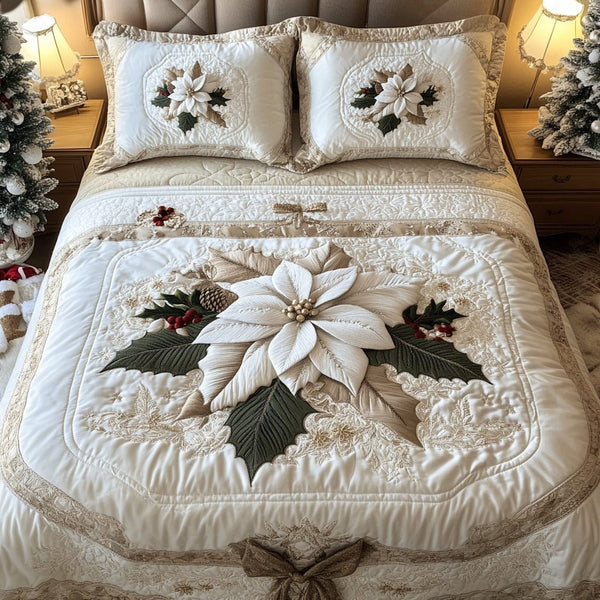 Aurora Bloom quilted 3-piece bedding set on a made bed with two matching pillow shams