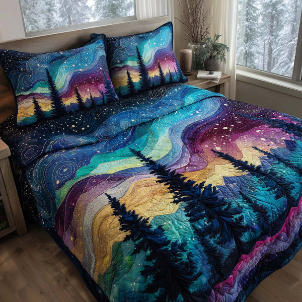 Aurora Borealis quilted 3-piece bedding set on a made bed with two matching pillow shams