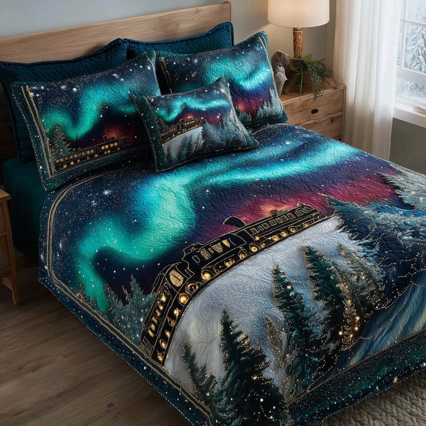Aurora Borealis quilted 3-piece bedding set on a made bed with two matching pillow shams