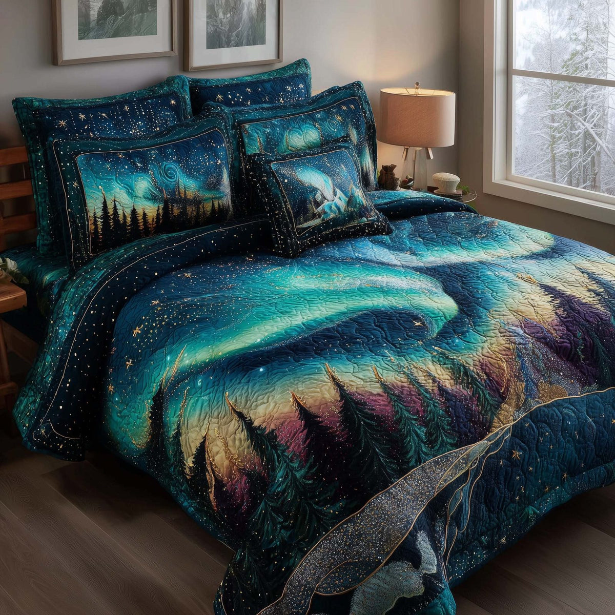 Aurora Borealis quilted 3-piece bedding set on a made bed with two matching pillow shams