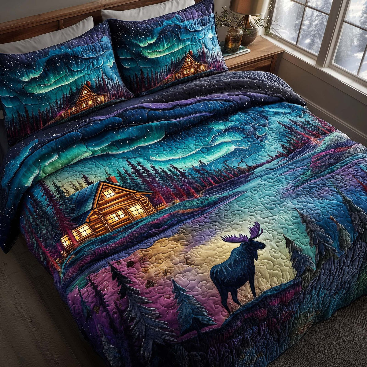 Aurora Borealis quilted 3-piece bedding set on a made bed with two matching pillow shams