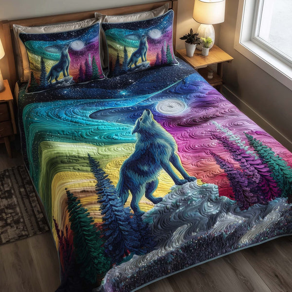 Aurora Borealis quilted 3-piece bedding set on a made bed with two matching pillow shams