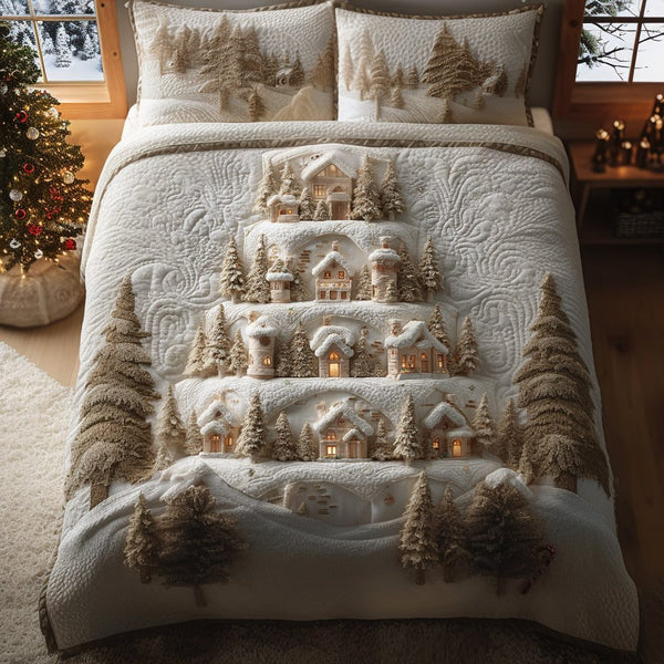 Aurora Fir quilted 3-piece bedding set on a made bed with two matching pillow shams