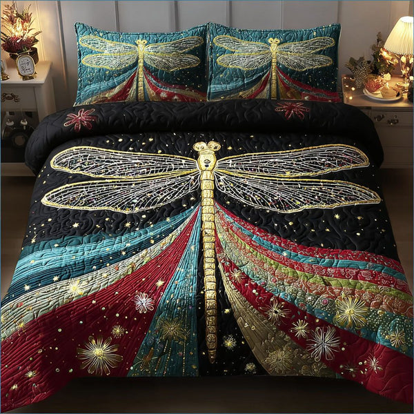 Aurora Flight quilted 3-piece bedding set on a made bed with two matching pillow shams