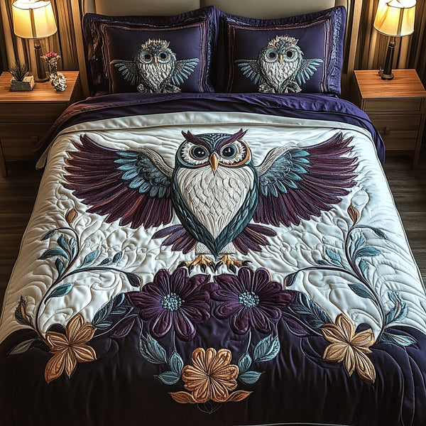 Aurora Flight quilted 3-piece bedding set on a made bed with two matching pillow shams