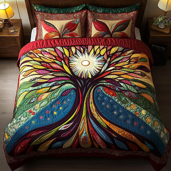 Aurora Grove quilted 3-piece bedding set on a made bed with two matching pillow shams