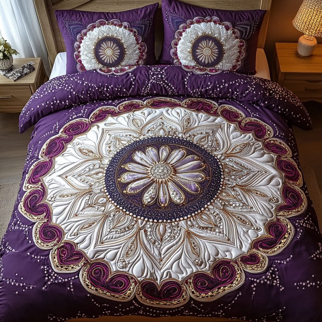 Aurora Mandala quilted 3-piece bedding set on a made bed with two matching pillow shams