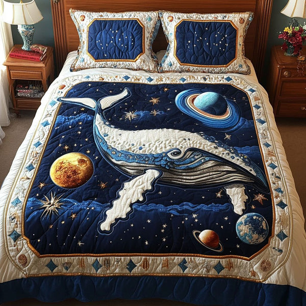 Aurora Ocean Journey quilted 3-piece bedding set on a made bed in a light coastal bedroom