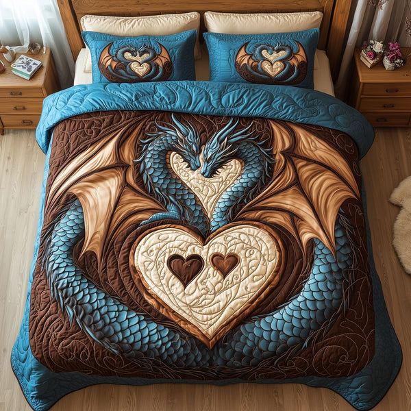 Aurora of Dragons quilted 3-piece bedding set on a made bed with two matching pillow shams