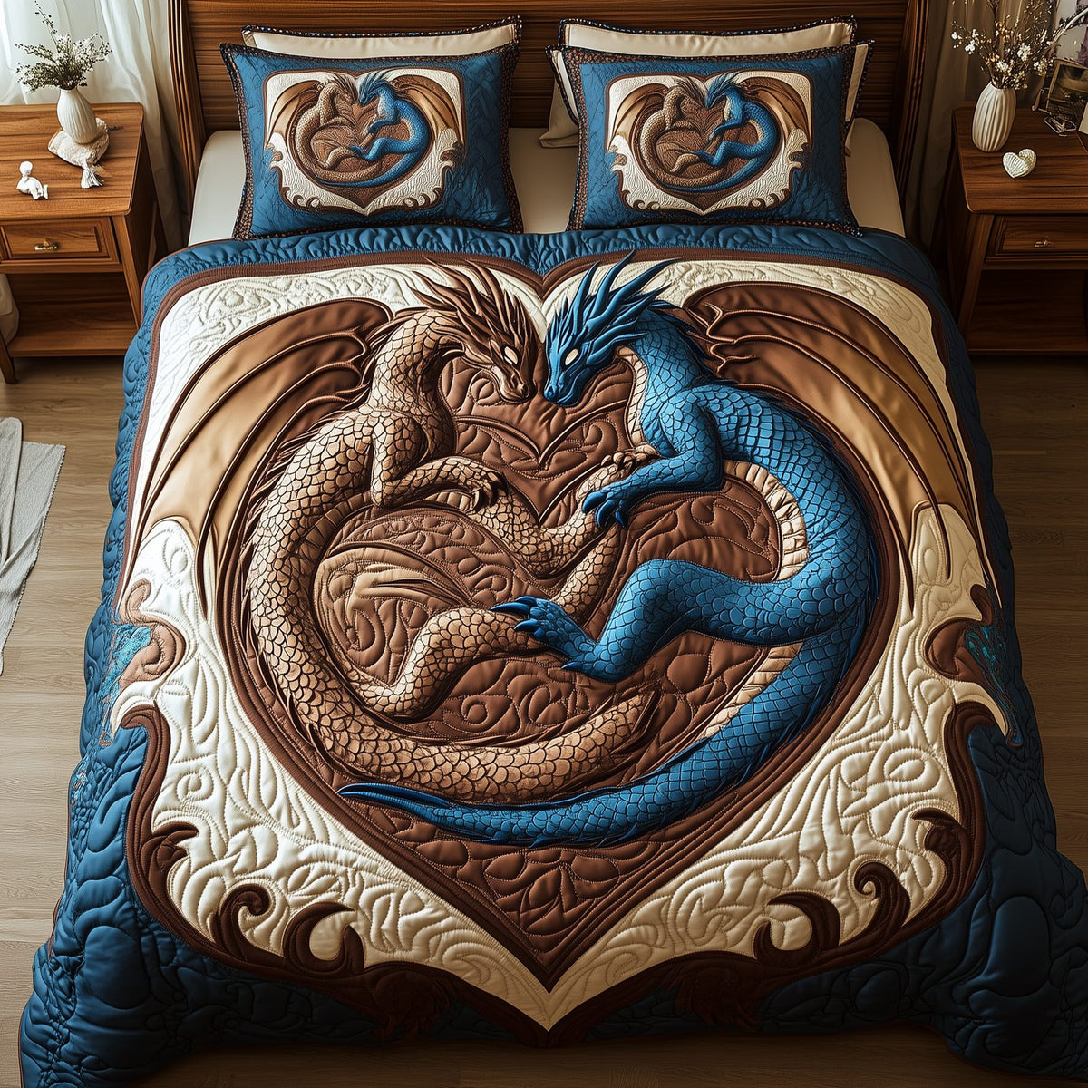 Aurora of Dragons quilted 3-piece bedding set on a made bed with two matching pillow shams