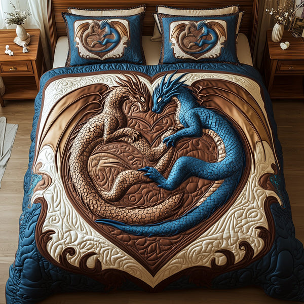 Aurora of Dragons quilted 3-piece bedding set on a made bed with two matching pillow shams
