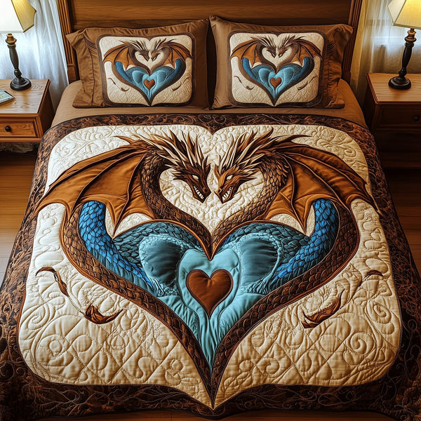 Aurora of Dragons quilted 3-piece bedding set on a made bed with two matching pillow shams