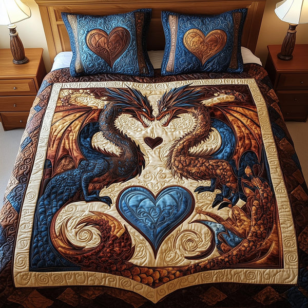 Aurora of Dragons quilted 3-piece bedding set on a made bed with two matching pillow shams