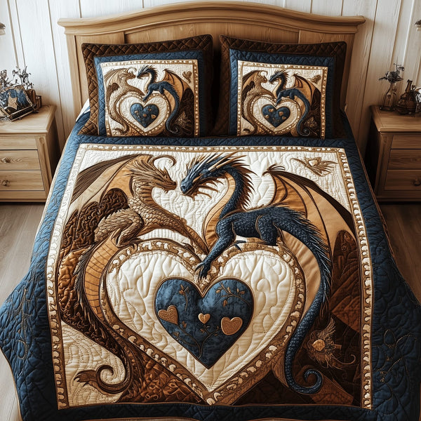 Aurora of Dragons quilted 3-piece bedding set on a made bed with two matching pillow shams
