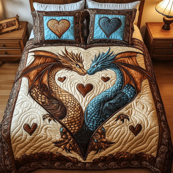 Aurora of Dragons quilted 3-piece bedding set on a made bed with two matching pillow shams