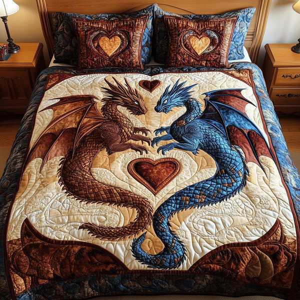 Aurora of Dragons quilted 3-piece bedding set on a made bed with two matching pillow shams