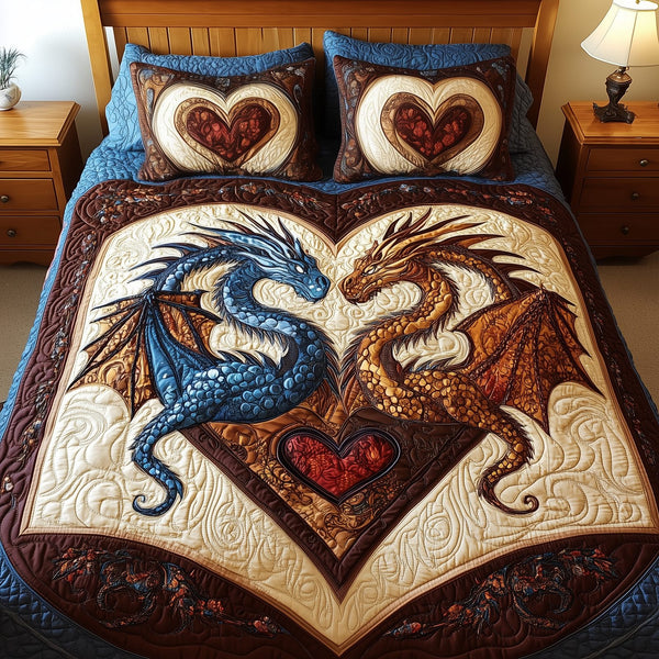 Aurora of Dragons quilted 3-piece bedding set on a made bed with two matching pillow shams
