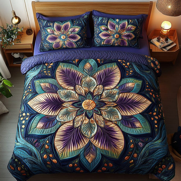 Aurora Petal Elegance quilted 3-piece bedding set on a made bed with two matching pillow shams