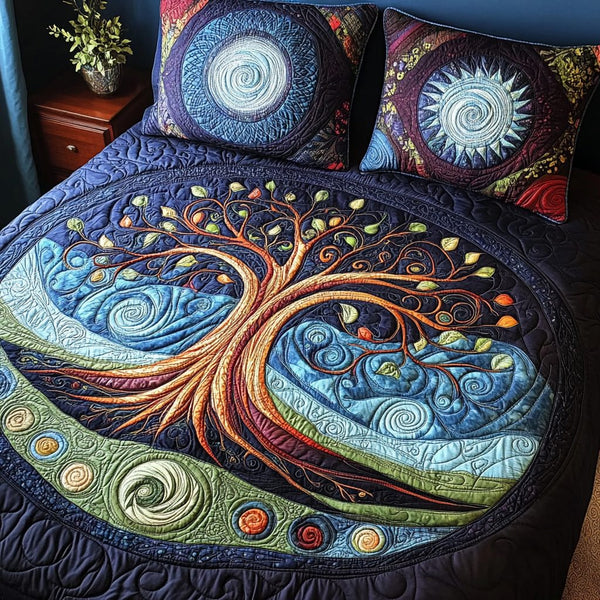 Aurora Roots quilted 3-piece bedding set on a made bed with two matching pillow shams