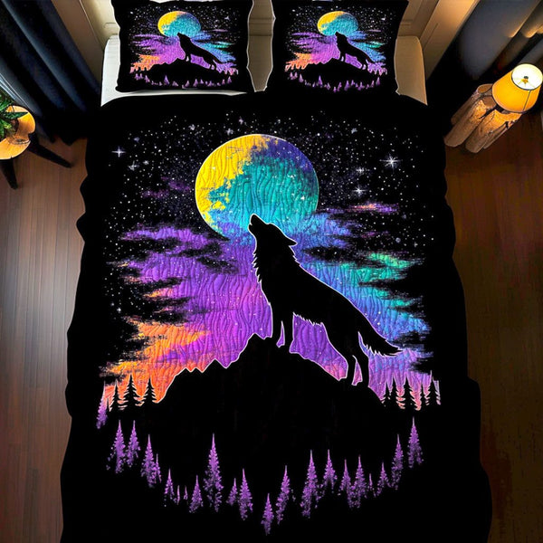 Aurora Wolf quilted 3-piece bedding set on a made bed with two matching pillow shams
