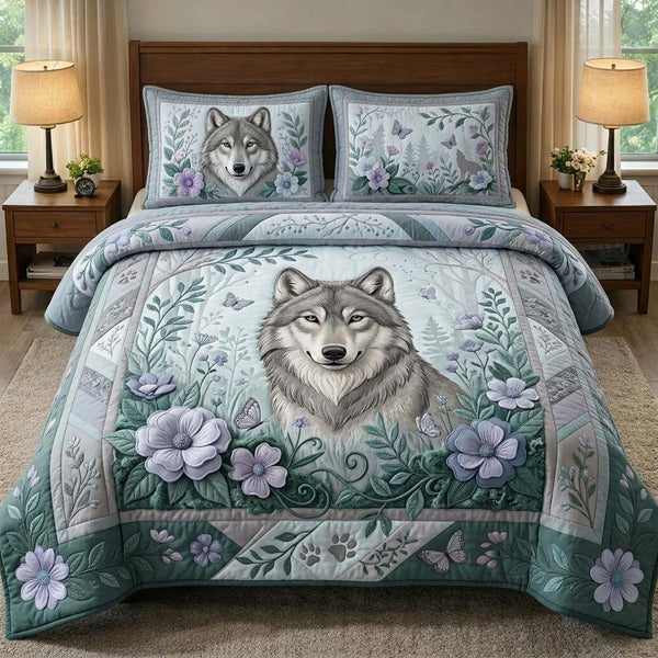 Aurora Wolves quilted 3-piece bedding set on a made bed with two matching pillow shams