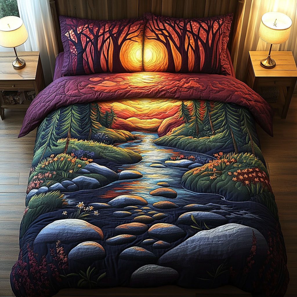 Aurora Woodland Dreams quilted 3-piece bedding set on a made bed with two matching pillow shams