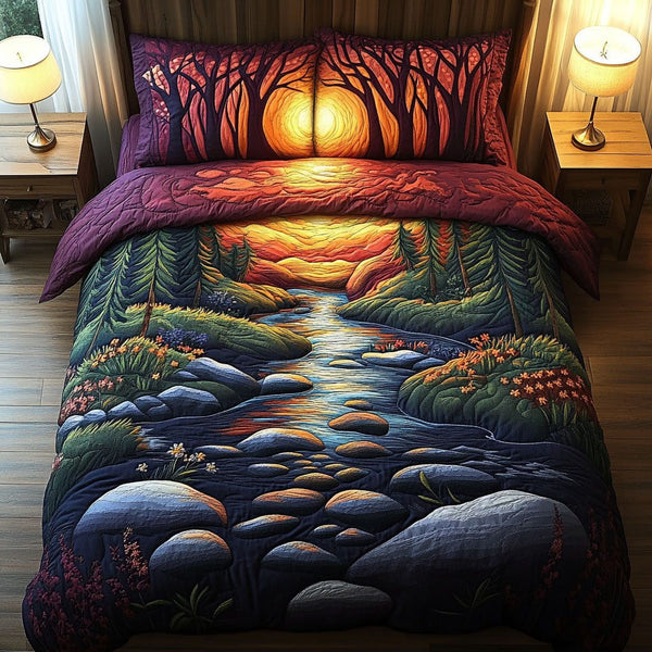 Aurora Woodland Dreams quilted 3-piece bedding set on a made bed with two matching pillow shams