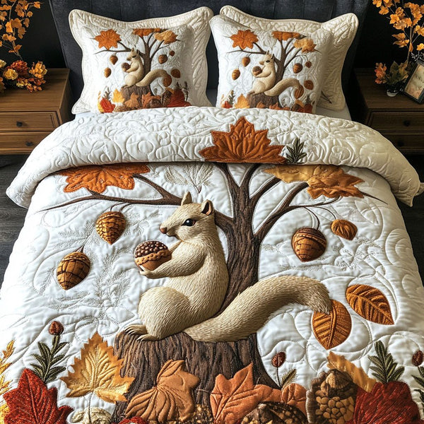Autumn Acorns quilted 3-piece bedding set on a made bed with two matching pillow shams