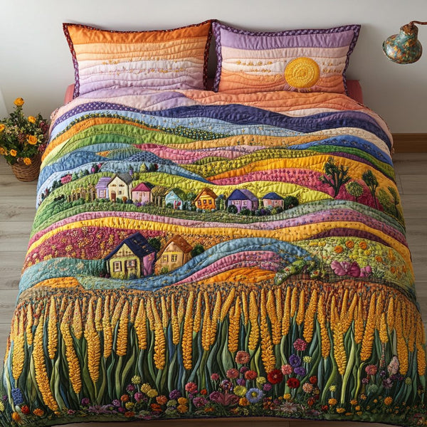 Autumn Acres quilted 3-piece bedding set on a made bed with two matching pillow shams