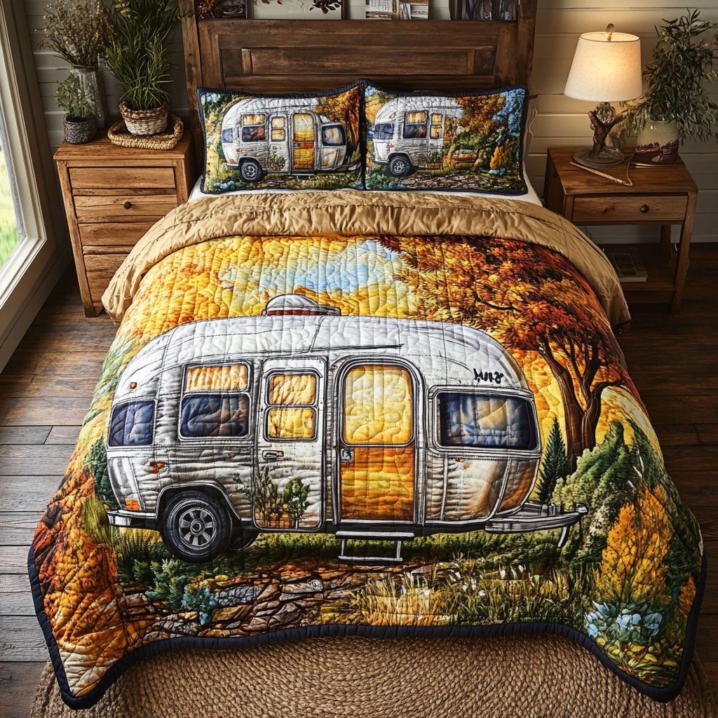Autumn Airstream quilted 3-piece bedding set on a made bed with two matching pillow shams