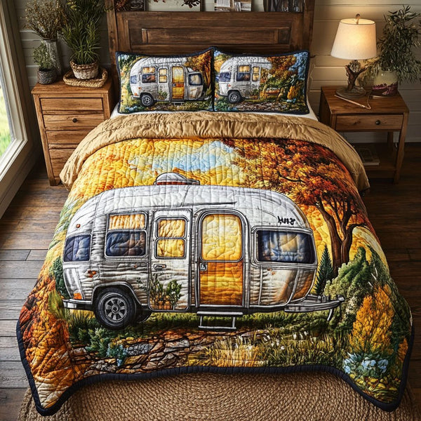 Autumn Airstream quilted 3-piece bedding set on a made bed with two matching pillow shams
