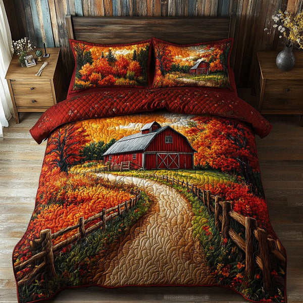 Autumn Barn quilted 3-piece bedding set on a made bed in a farmhouse bedroom
