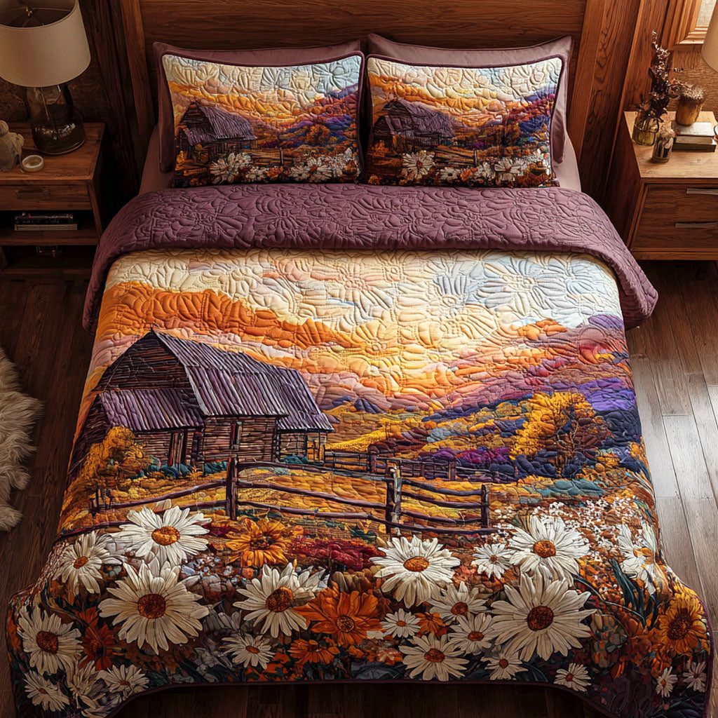 Autumn Barn quilted 3-piece bedding set on a made bed in a farmhouse bedroom