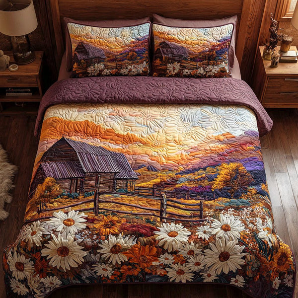 Autumn Barn quilted 3-piece bedding set on a made bed in a farmhouse bedroom