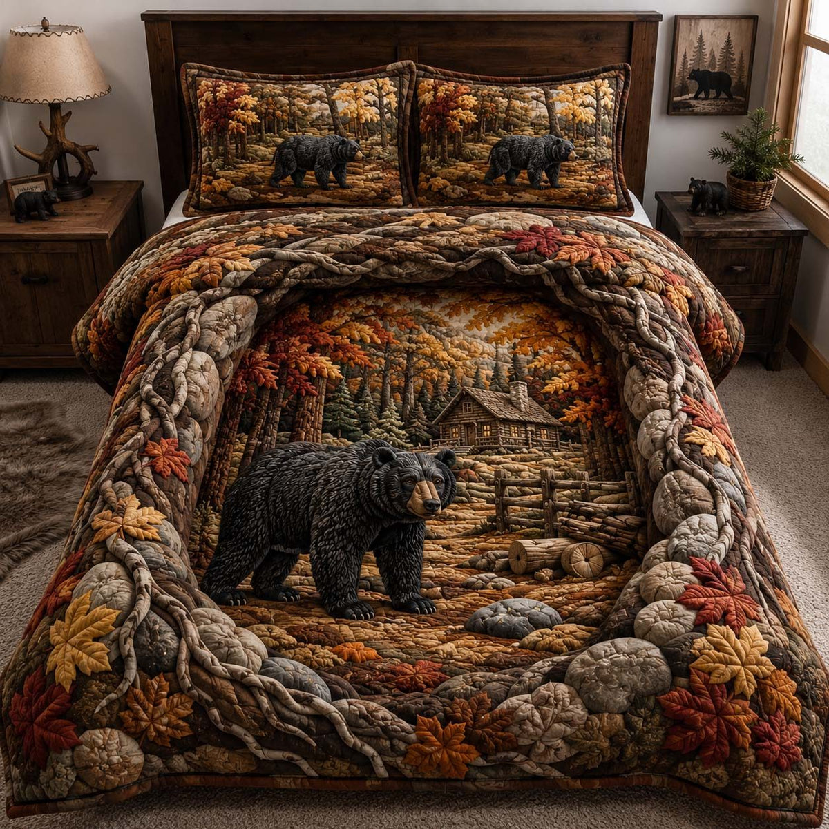 Autumn Bear Cabin quilted 3-piece bedding set on a made bed with two matching pillow shams