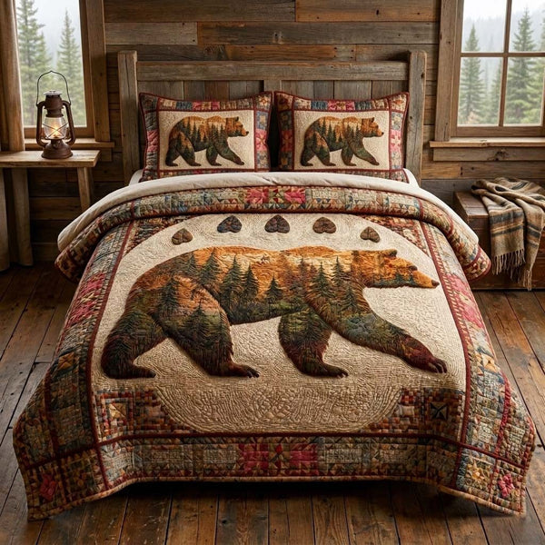 Autumn Bear quilted 3-piece bedding set on a made bed with two matching pillow shams