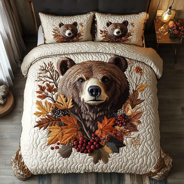 Autumn Bear quilted 3-piece bedding set on a made bed with two matching pillow shams