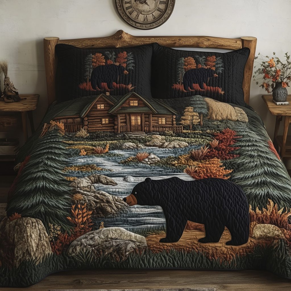 Autumn Bear quilted 3-piece bedding set on a made bed with two matching pillow shams