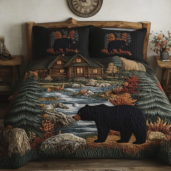 Autumn Bear quilted 3-piece bedding set on a made bed with two matching pillow shams